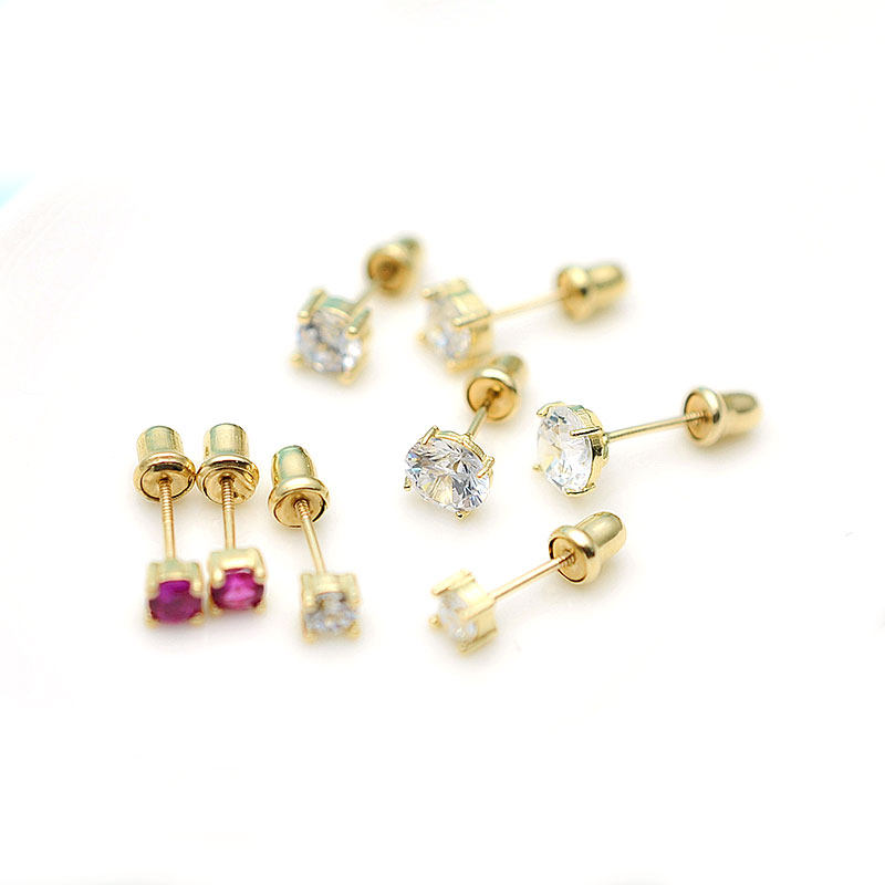 韩国饰品10k金14k金耳饰雅致彩色四爪圆钻螺丝款耳骨钉kls1202