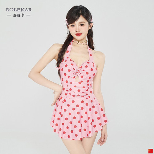 粉色少女微胖连体裙保守可爱泳衣