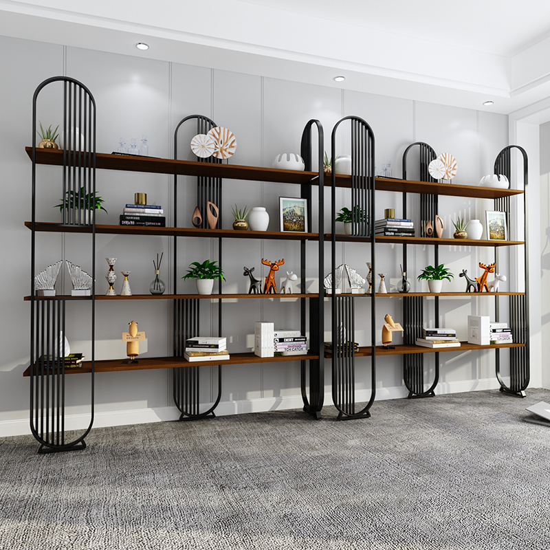 现代简约实木落地书架铁艺办公室隔断柜样板房置物架工业风展示架