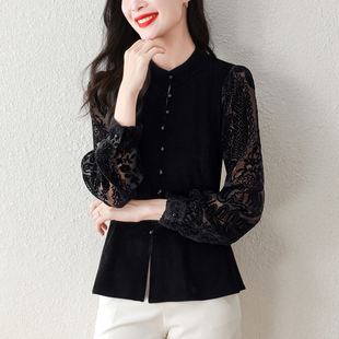 实拍2025秋冬新款 重工串珠金丝绒拼接烧花植绒时尚 打底衫
