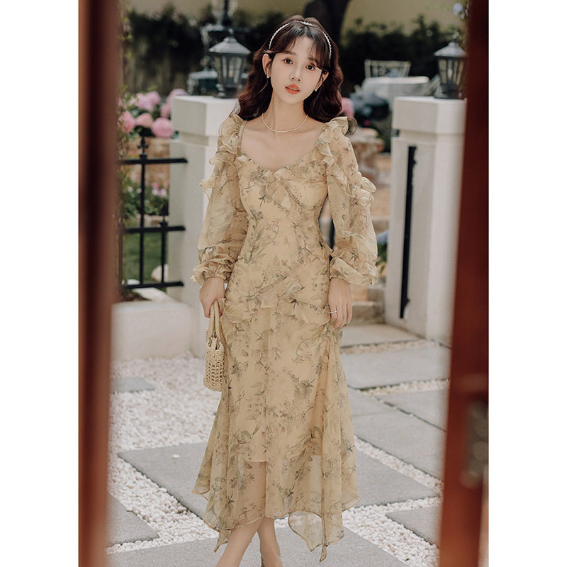 女装2026春秋十三行新款法式碎花裙雪纺长裙长袖裙子度假风连衣裙