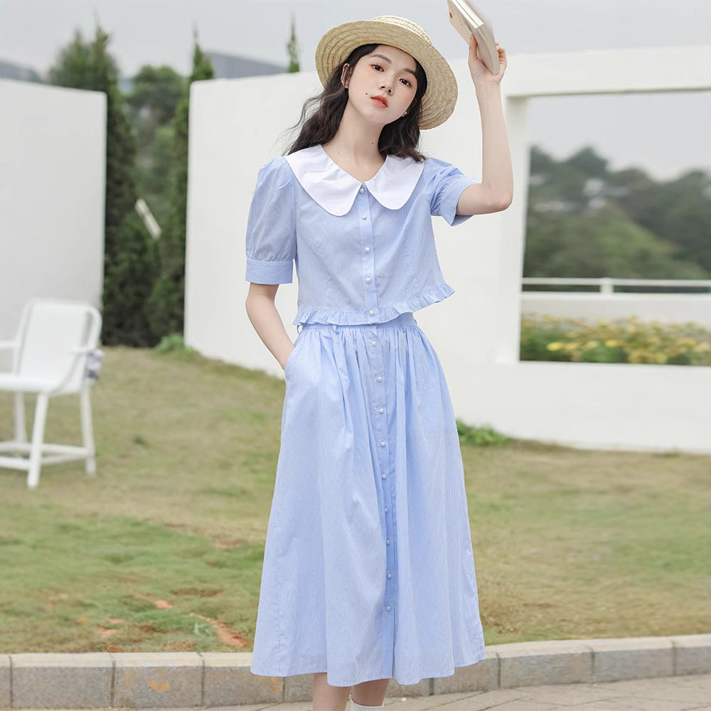 女装2026夏季十三行新款翻领珍珠扣小衫高腰半身裙套装时尚两件套