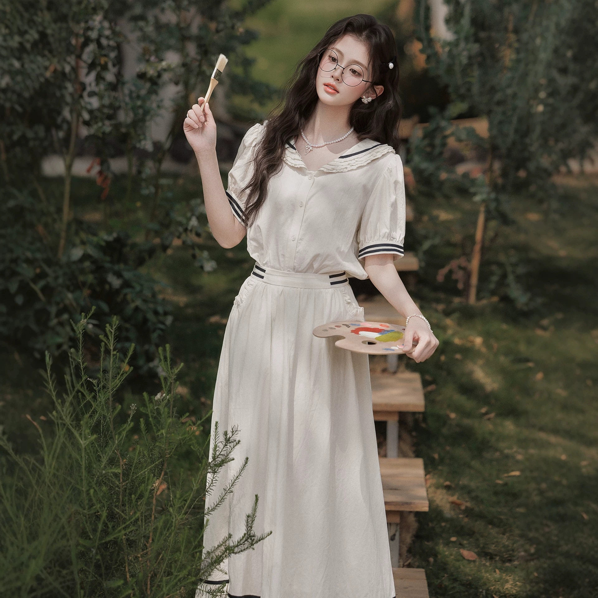 女夏季法式复古少女风减龄甜美气质海军领短袖衬衫高腰半身裙套装