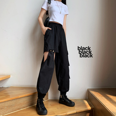Real price - spring and summer asymmetric hole loose Leggings women's thin three-dimensional pocket overalls pants