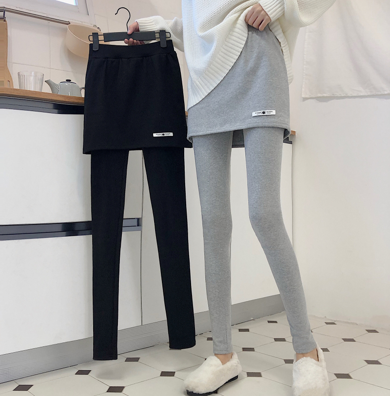 Real price fake two piece elastic tights student skirt pants Plush Leggings female