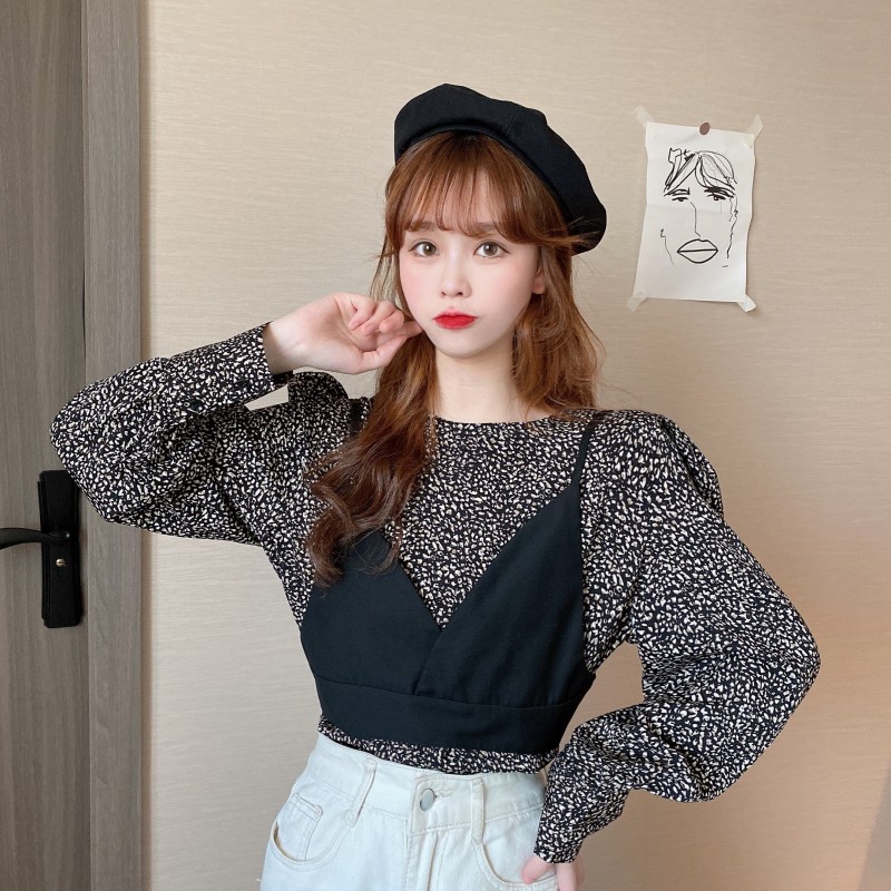 Real price bubble sleeve floral shirt + suspender two piece vest