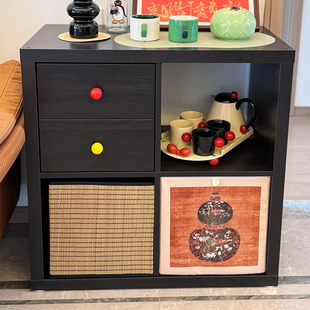 实木书架落地置物架覆古四格柜卡莱克格子柜带抽屉书柜家用小柜子