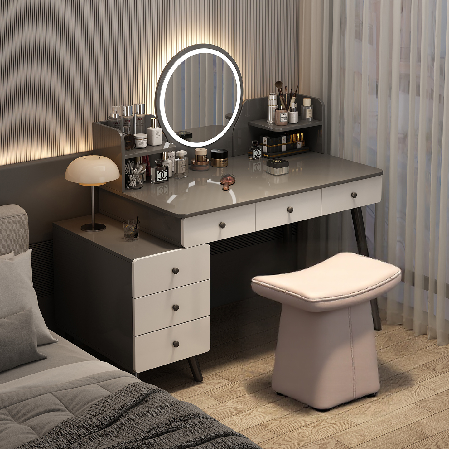 2025新款梳妆台卧室简约现代实木化妆桌轻奢高级感床头柜斗柜一体