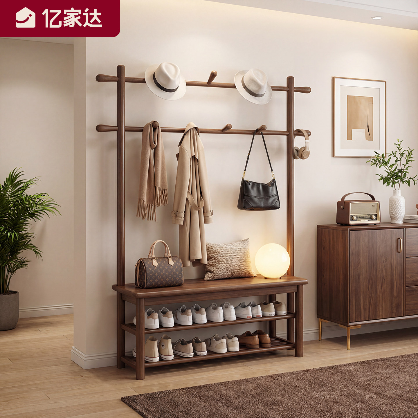 实木换鞋凳挂衣架一体穿鞋凳进门凳入户门口穿鞋柜落地衣架衣帽架