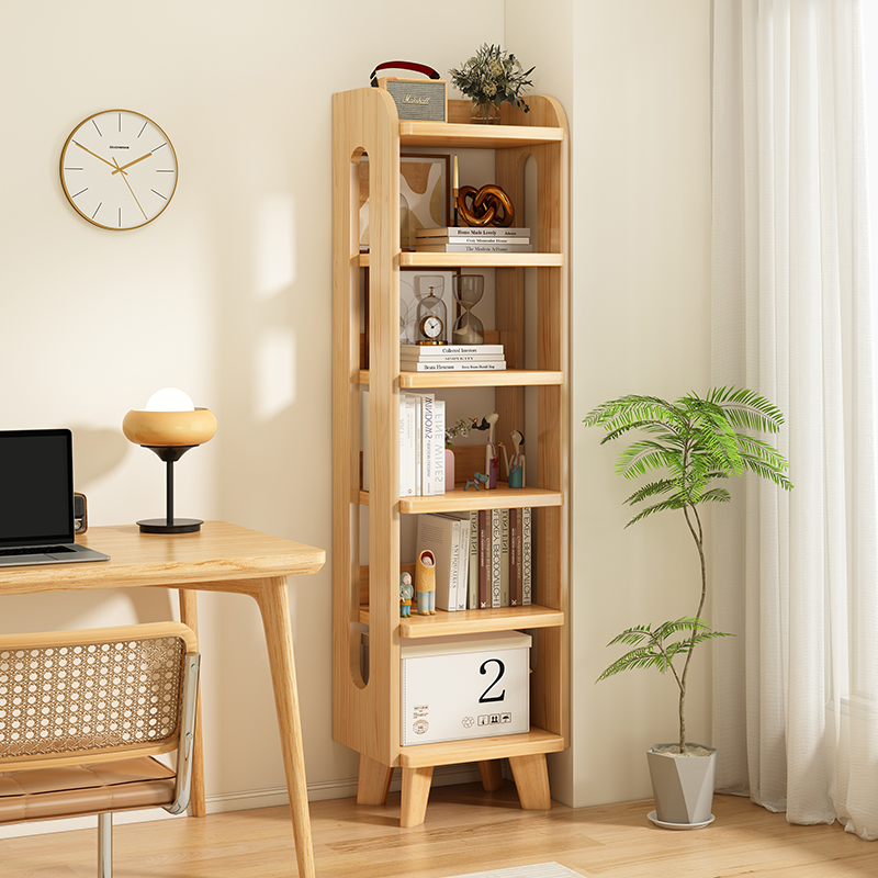 全实木书架置物架落地一体靠墙收纳柜家用简易书柜客厅小型收纳柜