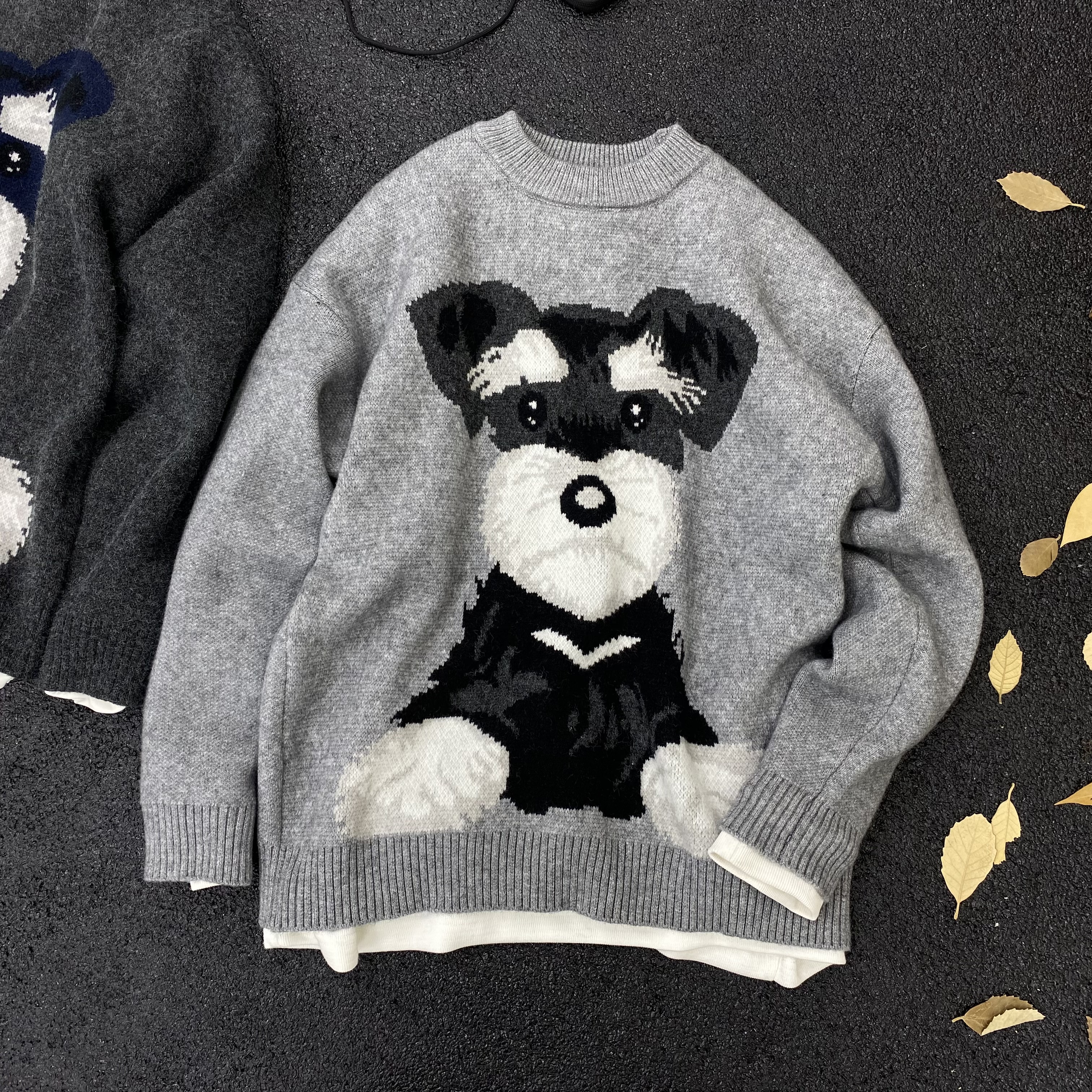 MXS2025秋冬新男士卡通雪纳瑞狗狗针织圆领加厚毛衣港风简约情侣