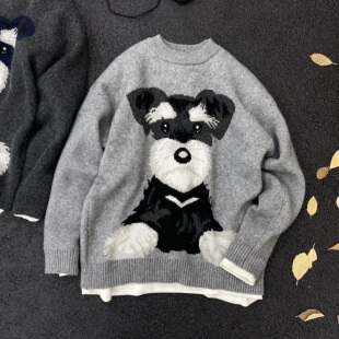 MXS2025秋冬新男士卡通雪纳瑞狗狗针织圆领加厚毛衣港风简约情侣