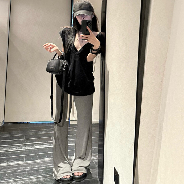 灰色低腰微喇修身显瘦垂感长裤女