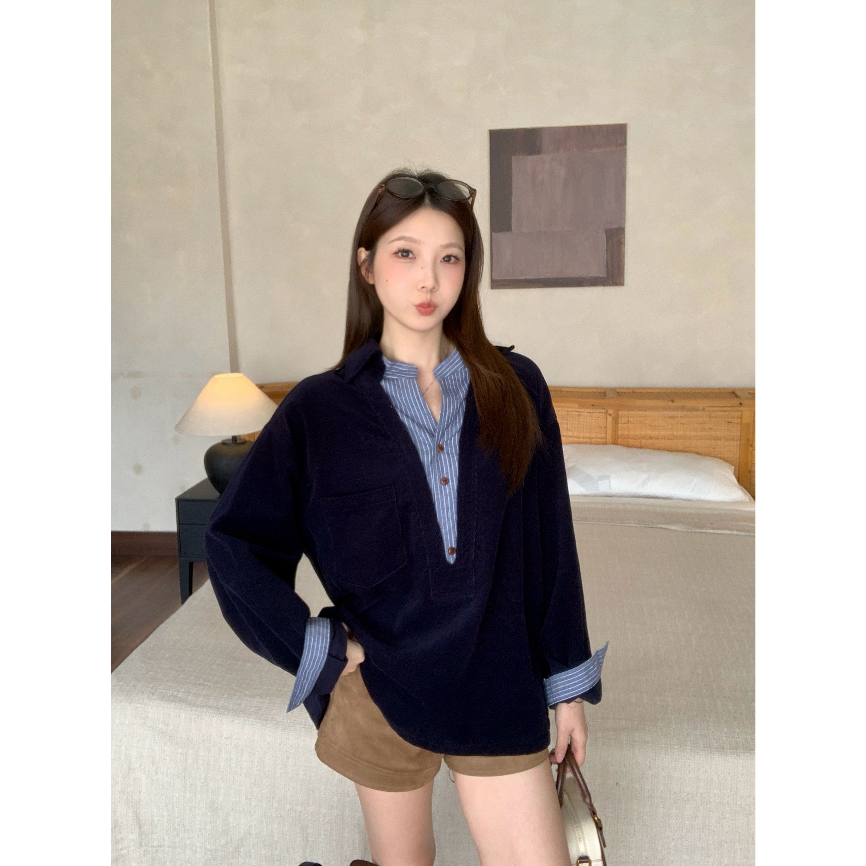【瑶瑶家】大码灯芯绒拼接衬衫