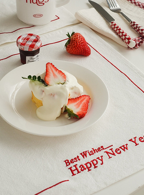 nicethings新年餐巾节日氛围感 红色刺绣餐巾 韩系ins风英文餐布