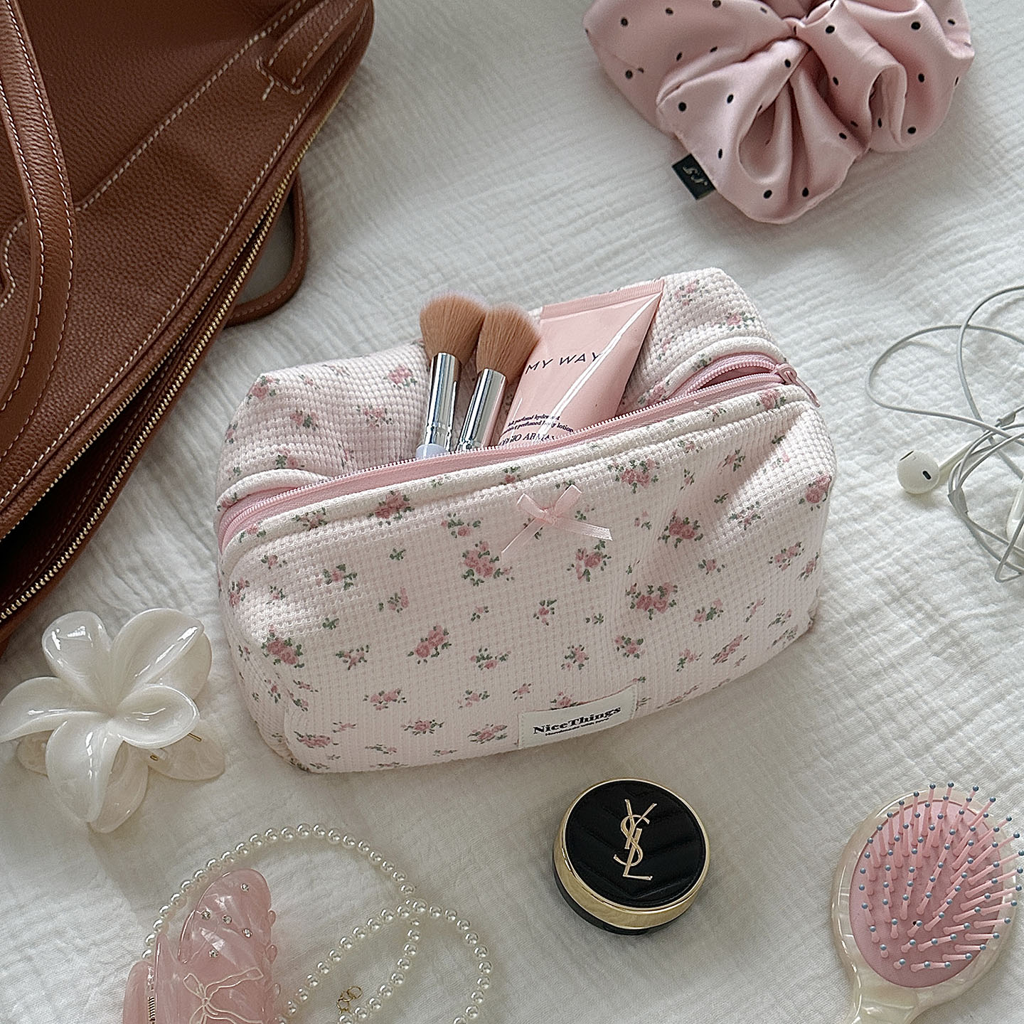 nicethings 自制针织华夫格碎花夹棉化妆包 粉色印花化妆品收纳包