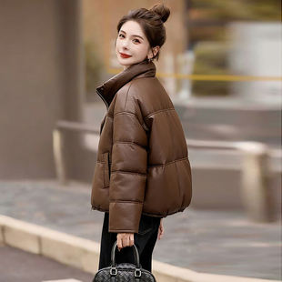 羽绒服女短款立领宽松大码2025冬季新款韩版时尚加厚冬装pu皮衣