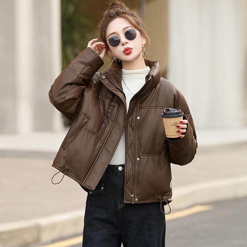 蝶恋枫PU蛋白皮短款海军领羽绒服