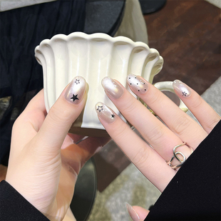 f14新款爆闪电镀ins猫眼手工穿戴甲高级感短椭圆美甲贴片温柔美甲