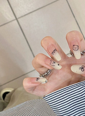 f147微甜奶白法式穿戴甲感纯欲猫眼少女气质蝴蝶结显白百搭美甲