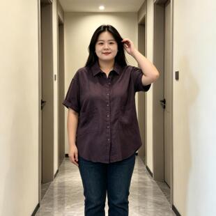 特大码300斤韩版通勤衬衫女胖mm夏季宽松显瘦气质翻领短袖上衣女