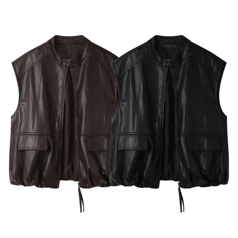 大码复古pu皮马甲外套女