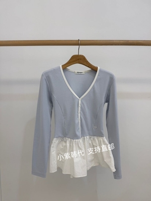 韩国东大门代购BY CHAPTER 26春新款荷叶拼接V领系扣长袖T恤衫女