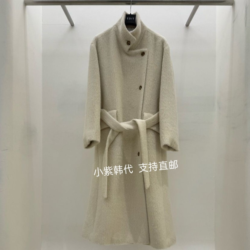 韩国东大门代购EDIT 25秋冬新款时尚立领系带收腰毛呢长款大衣女