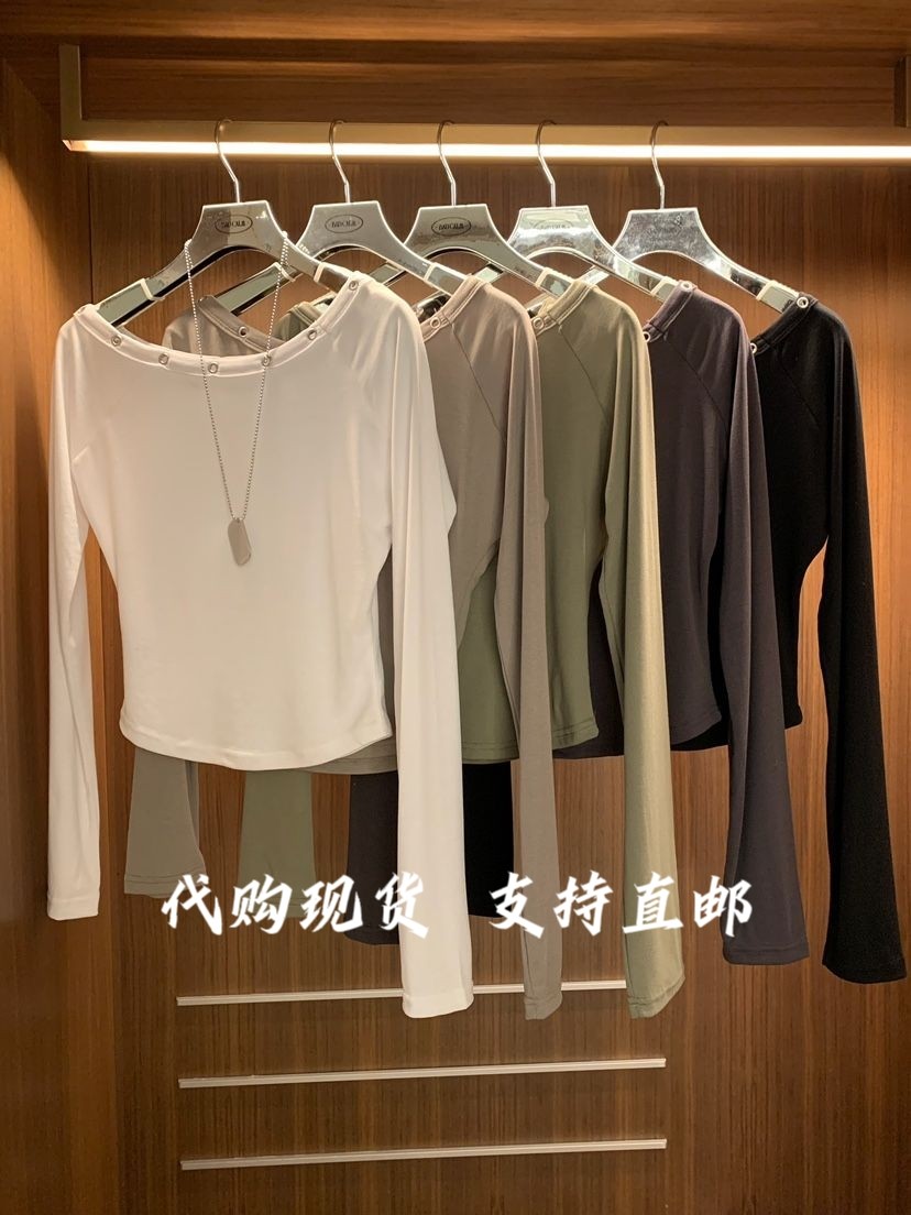 BADCAL韩国东大门2026秋冬女装新款露肩纯色圆领长袖T恤女图片