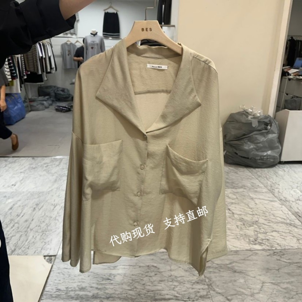 韩国正品包邮BES 东大门2026秋新款时尚西装领口袋宽松长袖衬衫女