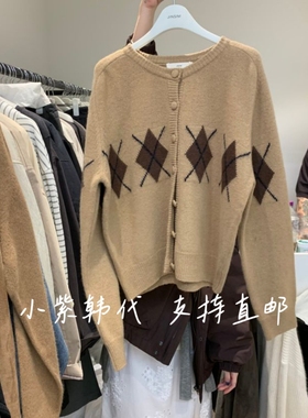 JINSIM韩国东大门代购 2025秋冬女装新款菱格圆领长袖针织开衫女