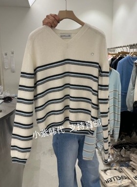 韩国东大门代购REPELLER 26春新款时尚百搭条纹拼接V领针织毛衣女