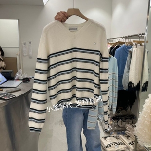 韩国东大门代购REPELLER 26春新款时尚百搭条纹拼接V领针织毛衣女