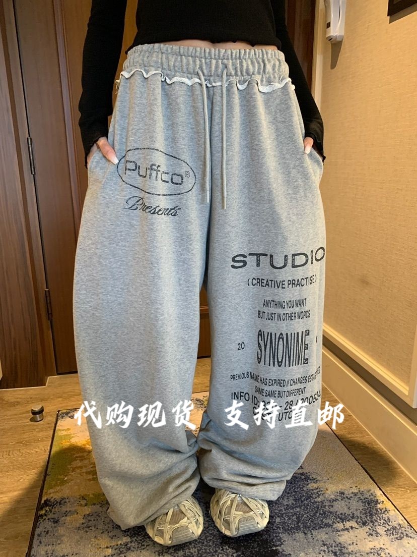 BADCAL韩国东大门2026秋冬女装新款松紧腰抽绳字母印花休闲裤女图片