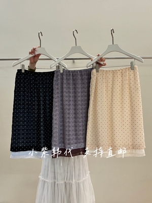 PEBBLE韩国东大门代购26春女装新款时尚松紧腰波点拼接蕾丝半身裙