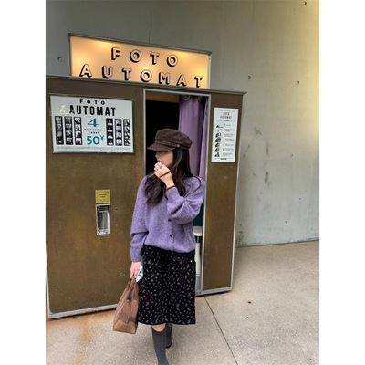 实拍~甜美软糯紫色毛衣开衫女秋冬新款丝绒碎花A字半身裙时尚套装