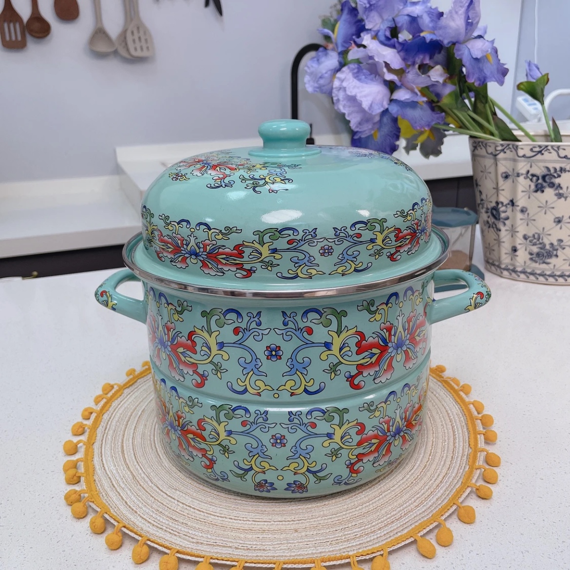 珐琅搪瓷26厘米双层蒸锅加厚双耳汤锅家用炖煮锅燃气电磁炉通用