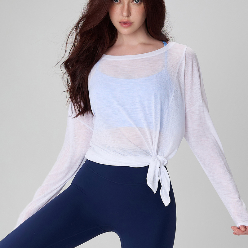 秋冬长袖瑜伽服就健身上衣网红薄款宽松跑步运动长袖网纱开叉罩衫