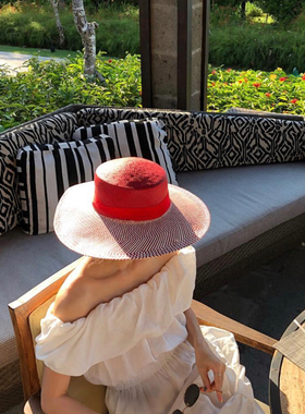 红颜  定制平顶平檐帽LIN同款红色复古草帽 法式旅行遮阳沙滩帽