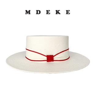 mdeke晚风 新款进口三分日本草编大檐白色度假草帽条纹法式帽子女