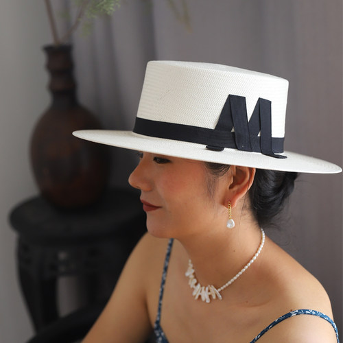 法式复古宽檐平顶白色女士草帽