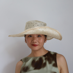 Mdeke满天星 原创设计法式镂空花编剑麻平顶大檐帽檐可卷扭造型款