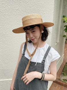 ［芳华］春夏新款大檐平顶平檐宝草帽法式系绳度假遮阳旅游帽子女