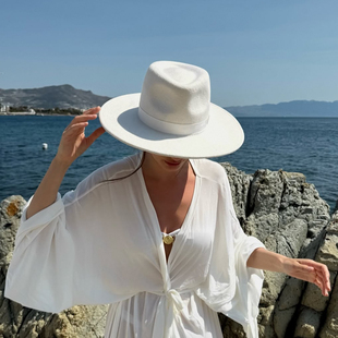 mdeke 白色大檐羊毛尼造型礼帽女度假风遮阳防晒帽百搭名媛帽子