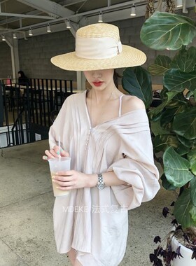 ［奇诺］春夏小众时尚网红博主同款沙滩联系度假平顶平檐草帽法式