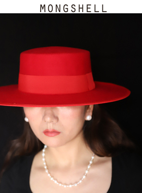 mongshell红霞 秋冬新款平顶宽檐羊毛毡小礼帽法式百搭复古帽子女