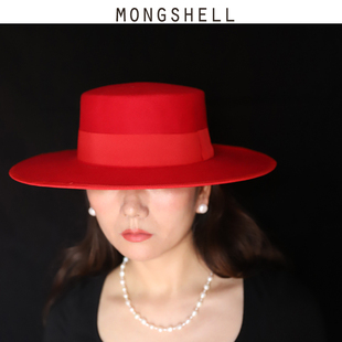 mongshell红霞 秋冬新款平顶宽檐羊毛毡小礼帽法式百搭复古帽子女
