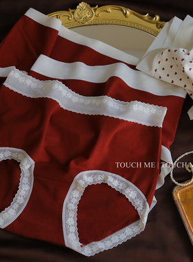 touchme本命年红色内裤女纯棉抗菌裆舒适羊绒感蕾丝边中腰包臀3条