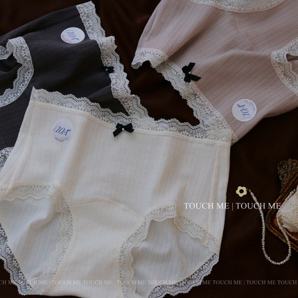 touchme法式甜美蕾丝边纯棉内裤女10A抑菌纯棉加长裆部中腰3条装