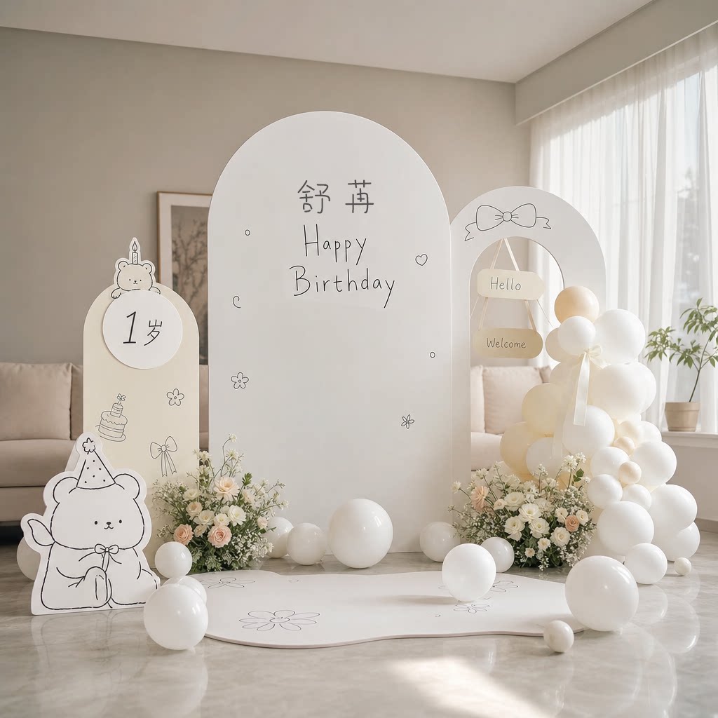 KT板背景墙装饰公主风宝宝宴布置气球生日装扮白色全套装装饰布置